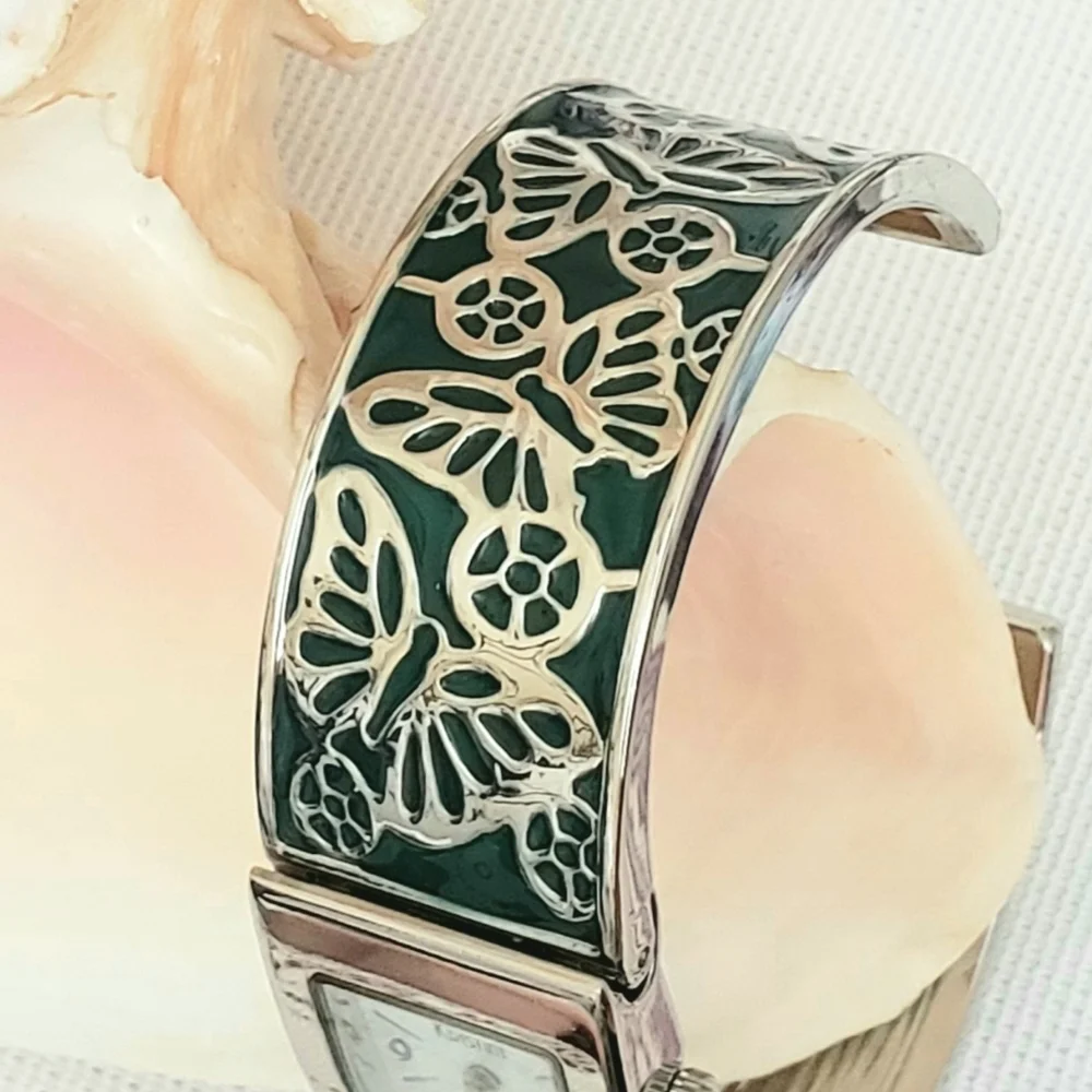 Green Kristine Engraved Butterfly Enamel Cuff Watch Silver Band Quartz